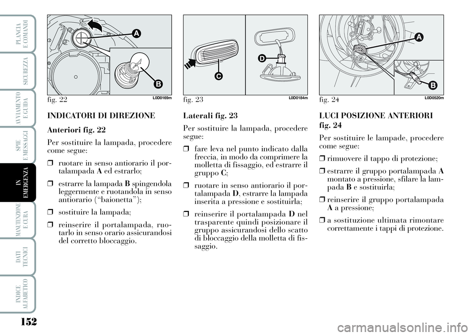 Lancia Musa 2011  Libretto Uso Manutenzione (in Italian) 152
SPIE
E MESSAGGI
MANUTENZIONEE CURA
DATI 
TECNICI
INDICE
ALFABETICO
PLANCIA
E COMANDI
SICUREZZA
AVVIAMENTO 
E GUIDA
IN
EMERGENZA
fig. 22L0D0169m
INDICATORI DI DIREZIONE
Anteriori fig. 22
Per sostit