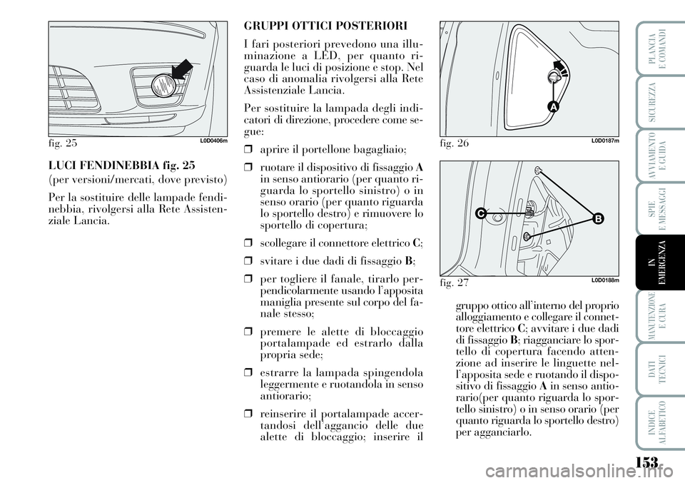 Lancia Musa 2011  Libretto Uso Manutenzione (in Italian) 153
SPIE
E MESSAGGI
MANUTENZIONEE CURA
DATI 
TECNICI
INDICE
ALFABETICO
PLANCIA
E COMANDI
SICUREZZA
AVVIAMENTO 
E GUIDA
IN
EMERGENZA
LUCI FENDINEBBIA fig. 25
(per versioni/mercati, dove previsto)
Per l