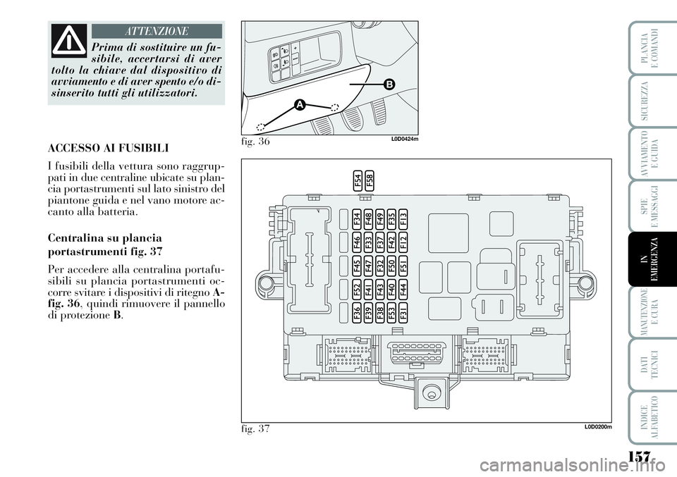 Lancia Musa 2011  Libretto Uso Manutenzione (in Italian) 157
SPIE
E MESSAGGI
MANUTENZIONEE CURA
DATI 
TECNICI
INDICE
ALFABETICO
PLANCIA
E COMANDI
SICUREZZA
AVVIAMENTO 
E GUIDA
IN
EMERGENZA
Prima di sostituire un fu-
sibile, accertarsi di aver
tolto la chiav