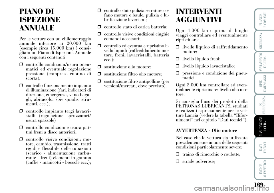 Lancia Musa 2011  Libretto Uso Manutenzione (in Italian) 169
SPIE
E MESSAGGI
DATI 
TECNICI
INDICE
ALFABETICO
PLANCIA
E COMANDI
SICUREZZA
AVVIAMENTO 
E GUIDA
IN
EMERGENZA
MANUTENZIONEE CURA
PIANO DI
ISPEZIONE
ANNUALE
Per le vetture con un chilometraggio
annu