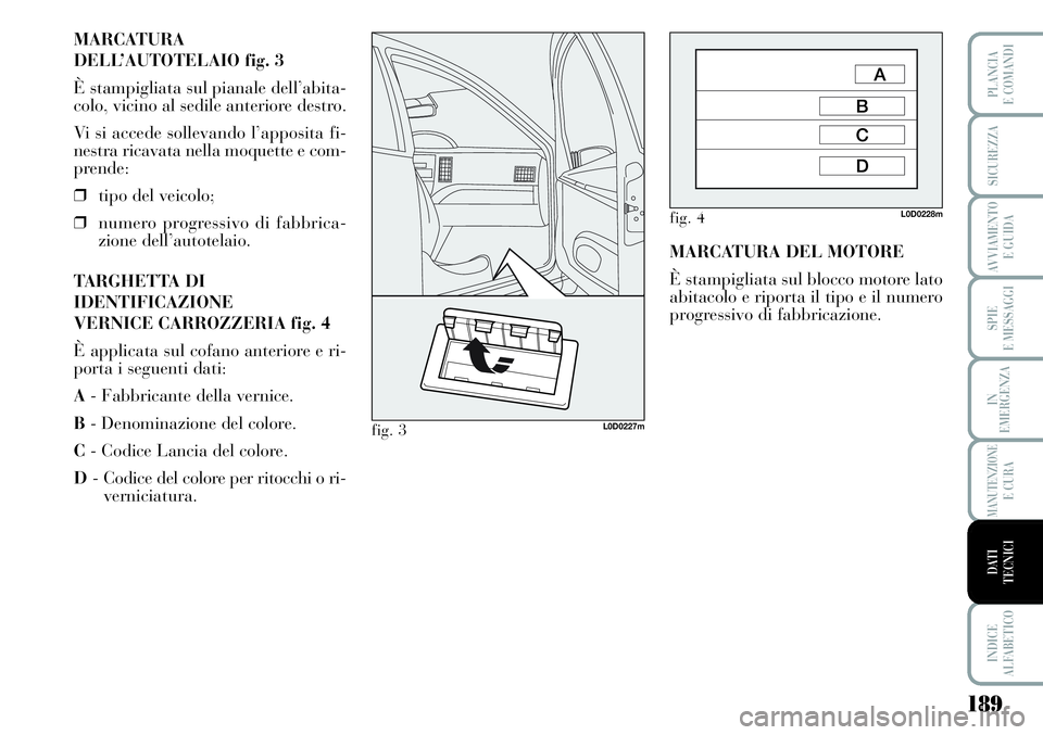 Lancia Musa 2011  Libretto Uso Manutenzione (in Italian) 189
SPIE
E MESSAGGI
INDICE
ALFABETICO
PLANCIA
E COMANDI
SICUREZZA
AVVIAMENTO 
E GUIDA
IN
EMERGENZA
MANUTENZIONEE CURA
DATI 
TECNICI
MARCATURA
DELL’AUTOTELAIO fig. 3
È stampigliata sul pianale dell