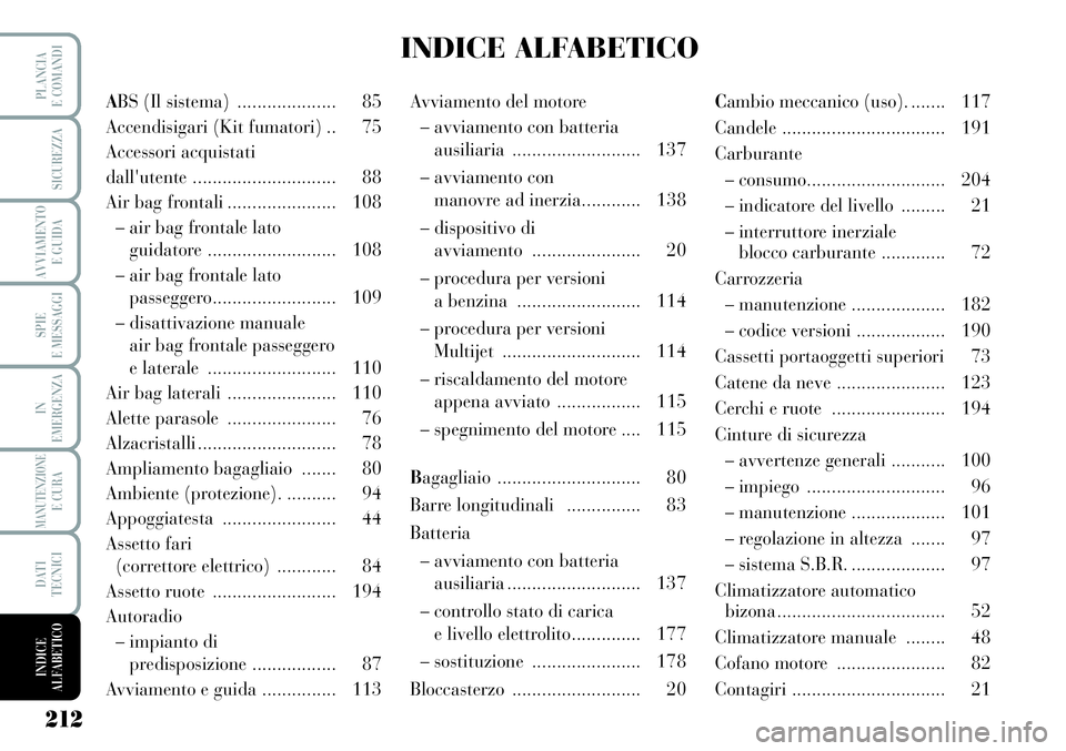 Lancia Musa 2011 Libretto Uso Manutenzione (in Italian) 212
SPIE
E MESSAGGI
PLANCIA
E COMANDI
SICUREZZA
AVVIAMENTO
E GUIDA
IN
EMERGENZA
MANUTENZIONEE CURA
DATI
TECNICI
INDICE
ALFABETICO
ABS (Il sistema) .................... 85
Accendisigari (Kit fumatori) Lancia Musa 2011 Libretto Uso Manutenzione (in Italian) 212
SPIE
E MESSAGGI
PLANCIA
E COMANDI
SICUREZZA
AVVIAMENTO
E GUIDA
IN
EMERGENZA
MANUTENZIONEE CURA
DATI
TECNICI
INDICE
ALFABETICO
ABS (Il sistema) .................... 85
Accendisigari (Kit fumatori)