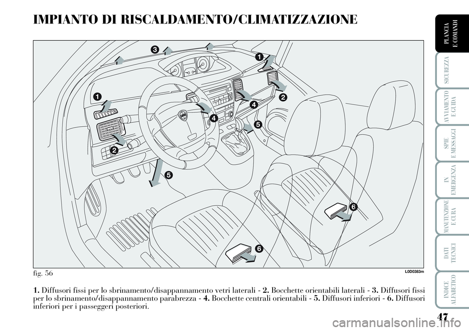 Lancia Musa 2011 Libretto Uso Manutenzione (in Italian) 47
SICUREZZA
AVVIAMENTO
E GUIDA
SPIE
E MESSAGGI
IN
EMERGENZA
MANUTENZIONEE CURA
DATI
TECNICI
INDICE
ALFABETICO
PLANCIA
E COMANDI
IMPIANTO DI RISCALDAMENTO/CLIMATIZZAZIONE
fig. 56
1.Diffusori fissi p Lancia Musa 2011 Libretto Uso Manutenzione (in Italian) 47
SICUREZZA
AVVIAMENTO
E GUIDA
SPIE
E MESSAGGI
IN
EMERGENZA
MANUTENZIONEE CURA
DATI
TECNICI
INDICE
ALFABETICO
PLANCIA
E COMANDI
IMPIANTO DI RISCALDAMENTO/CLIMATIZZAZIONE
fig. 56
1.Diffusori fissi p