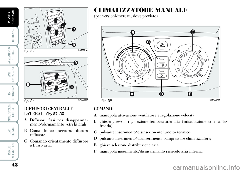 Lancia Musa 2011  Libretto Uso Manutenzione (in Italian) 48
SICUREZZA
AVVIAMENTO 
E GUIDA
SPIE
E MESSAGGI
IN
EMERGENZA
MANUTENZIONEE CURA
DATI 
TECNICI
INDICE
ALFABETICO
PLANCIA
E COMANDI
COMANDI
Amanopola attivazione ventilatore e regolazione velocità
Bgh