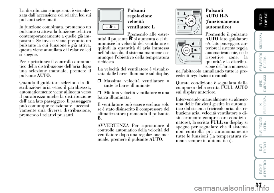 Lancia Musa 2011 Libretto Uso Manutenzione (in Italian) 57
SICUREZZA
AVVIAMENTO
E GUIDA
SPIE
E MESSAGGI
IN
EMERGENZA
MANUTENZIONEE CURA
DATI
TECNICI
INDICE
ALFABETICO
PLANCIA
E COMANDI
La distribuzione impostata è visualiz-
zata dall’accensione dei re Lancia Musa 2011 Libretto Uso Manutenzione (in Italian) 57
SICUREZZA
AVVIAMENTO
E GUIDA
SPIE
E MESSAGGI
IN
EMERGENZA
MANUTENZIONEE CURA
DATI
TECNICI
INDICE
ALFABETICO
PLANCIA
E COMANDI
La distribuzione impostata è visualiz-
zata dall’accensione dei re