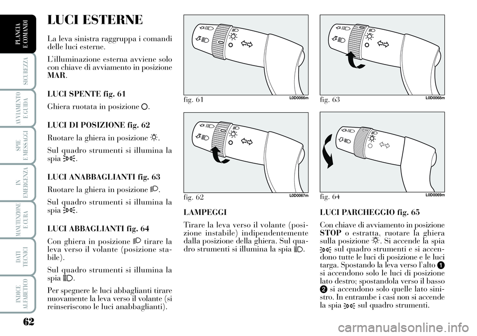 Lancia Musa 2011  Libretto Uso Manutenzione (in Italian) 62
SICUREZZA
AVVIAMENTO 
E GUIDA
SPIE
E MESSAGGI
IN
EMERGENZA
MANUTENZIONEE CURA
DATI 
TECNICI
INDICE
ALFABETICO
PLANCIA
E COMANDI
LUCI PARCHEGGIO fig. 65
Con chiave di avviamento in posizione
STOPo e