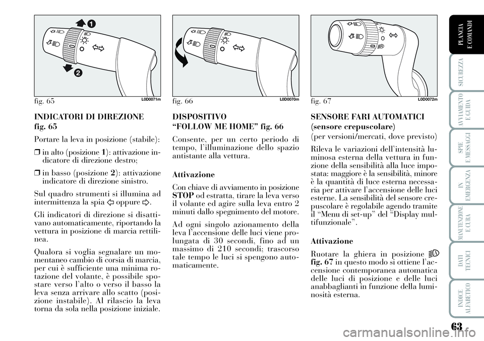 Lancia Musa 2011 Libretto Uso Manutenzione (in Italian) 63
SICUREZZA
AVVIAMENTO
E GUIDA
SPIE
E MESSAGGI
IN
EMERGENZA
MANUTENZIONEE CURA
DATI
TECNICI
INDICE
ALFABETICO
PLANCIA
E COMANDI
INDICATORI DI DIREZIONE
fig. 65
Portare la leva in posizione (stabil Lancia Musa 2011 Libretto Uso Manutenzione (in Italian) 63
SICUREZZA
AVVIAMENTO
E GUIDA
SPIE
E MESSAGGI
IN
EMERGENZA
MANUTENZIONEE CURA
DATI
TECNICI
INDICE
ALFABETICO
PLANCIA
E COMANDI
INDICATORI DI DIREZIONE
fig. 65
Portare la leva in posizione (stabil