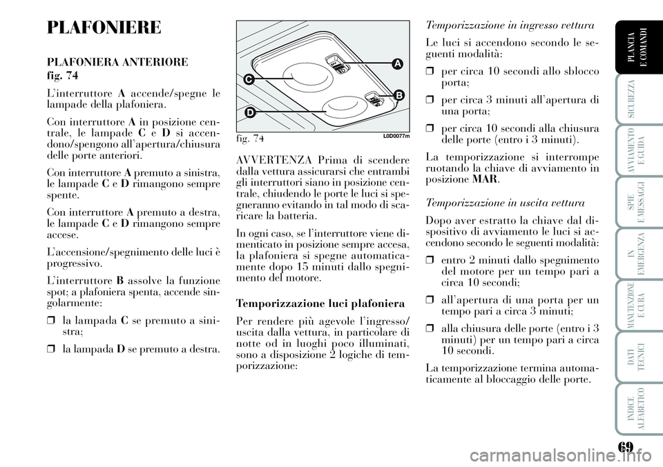 Lancia Musa 2011 Libretto Uso Manutenzione (in Italian) 69
SICUREZZA
AVVIAMENTO
E GUIDA
SPIE
E MESSAGGI
IN
EMERGENZA
MANUTENZIONEE CURA
DATI
TECNICI
INDICE
ALFABETICO
PLANCIA
E COMANDI
PLAFONIERE
PLAFONIERA ANTERIORE
fig. 74
L’interruttore Aaccende/sp Lancia Musa 2011 Libretto Uso Manutenzione (in Italian) 69
SICUREZZA
AVVIAMENTO
E GUIDA
SPIE
E MESSAGGI
IN
EMERGENZA
MANUTENZIONEE CURA
DATI
TECNICI
INDICE
ALFABETICO
PLANCIA
E COMANDI
PLAFONIERE
PLAFONIERA ANTERIORE
fig. 74
L’interruttore Aaccende/sp