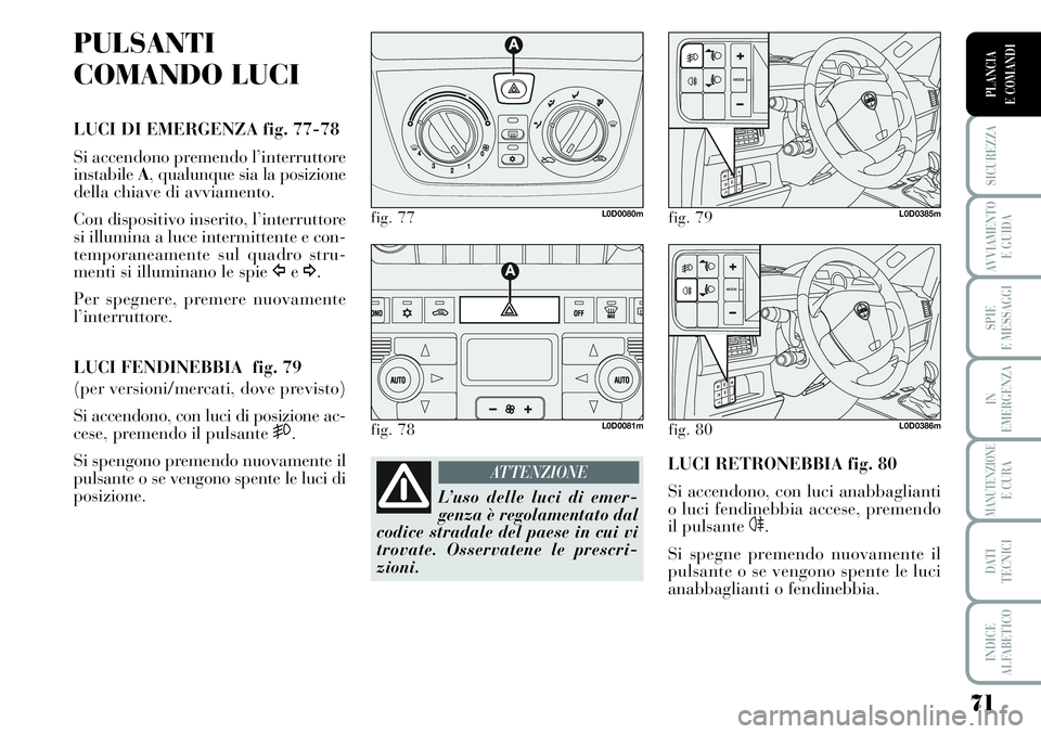 Lancia Musa 2011  Libretto Uso Manutenzione (in Italian) 71
SICUREZZA
AVVIAMENTO 
E GUIDA
SPIE
E MESSAGGI
IN
EMERGENZA
MANUTENZIONEE CURA
DATI 
TECNICI
INDICE
ALFABETICO
PLANCIA
E COMANDI
PULSANTI
COMANDO LUCI
LUCI DI EMERGENZA fig. 77-78
Si accendono preme