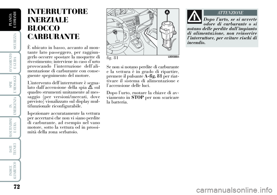 Lancia Musa 2011 Libretto Uso Manutenzione (in Italian) 72
SICUREZZA
AVVIAMENTO
E GUIDA
SPIE
E MESSAGGI
IN
EMERGENZA
MANUTENZIONEE CURA
DATI
TECNICI
INDICE
ALFABETICO
PLANCIA
E COMANDI
INTERRUTTORE
INERZIALE
BLOCCO
CARBURANTE
È ubicato in basso, accanto Lancia Musa 2011 Libretto Uso Manutenzione (in Italian) 72
SICUREZZA
AVVIAMENTO
E GUIDA
SPIE
E MESSAGGI
IN
EMERGENZA
MANUTENZIONEE CURA
DATI
TECNICI
INDICE
ALFABETICO
PLANCIA
E COMANDI
INTERRUTTORE
INERZIALE
BLOCCO
CARBURANTE
È ubicato in basso, accanto