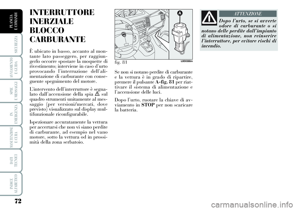 Lancia Musa 2011  Libretto Uso Manutenzione (in Italian) 72
SICUREZZA
AVVIAMENTO 
E GUIDA
SPIE
E MESSAGGI
IN
EMERGENZA
MANUTENZIONEE CURA
DATI 
TECNICI
INDICE
ALFABETICO
PLANCIA
E COMANDI
INTERRUTTORE
INERZIALE
BLOCCO
CARBURANTE
È ubicato in basso, accanto