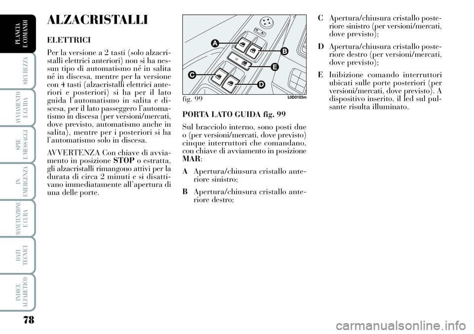 Lancia Musa 2011  Libretto Uso Manutenzione (in Italian) 78
SICUREZZA
AVVIAMENTO 
E GUIDA
SPIE
E MESSAGGI
IN
EMERGENZA
MANUTENZIONEE CURA
DATI 
TECNICI
INDICE
ALFABETICO
PLANCIA
E COMANDI
PORTA LATO GUIDA fig. 99
Sul bracciolo interno, sono posti due
o (per