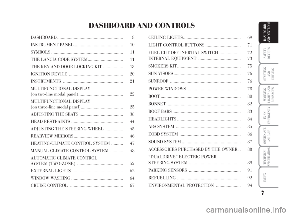 Lancia Musa 2008  Owner handbook (in English) 7
SAFETY
DEVICES
STARTING 
AND
DRIVING
WARNING
LIGHTS AND
MESSAGES
IN AN
EMERGENCY
MAINTENANCE
AND CARE
TECHNICALSPECIFICATIONS
INDEX
DASHBOARD
AND CONTROLSDASHBOARD ..................................