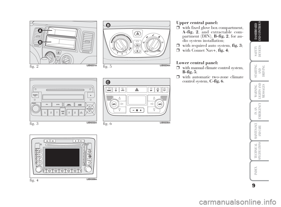 Lancia Musa 2008  Owner handbook (in English) 9
SAFETY
DEVICES
STARTING 
AND
DRIVING
WARNING
LIGHTS AND
MESSAGES
IN AN
EMERGENCY
MAINTENANCE
AND CARE
TECHNICALSPECIFICATIONS
INDEX
DASHBOARD
AND CONTROLS
Upper central panel:
❒with fixed glove bo