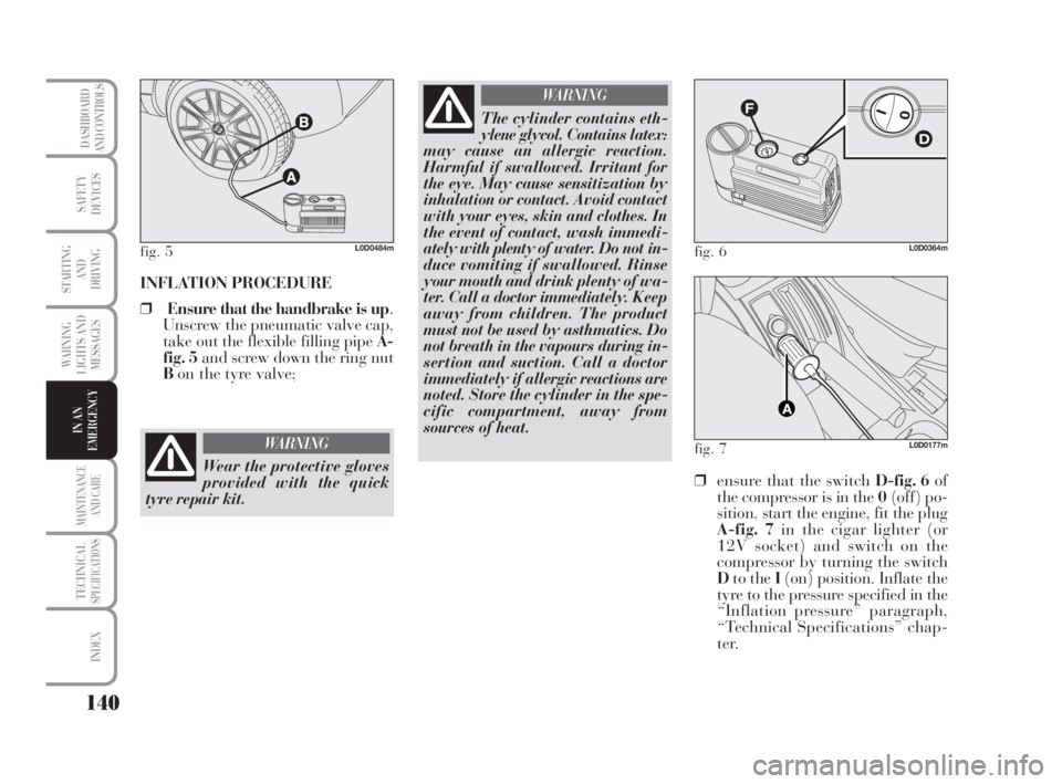 Lancia Musa 2009  Owner handbook (in English) 140
WARNING
LIGHTS AND
MESSAGES
MAINTENANCE
AND CARE
TECHNICALSPECIFICATIONS
INDEX
DASHBOARD
AND CONTROLS
SAFETY
DEVICES
STARTING 
AND
DRIVING
IN AN
EMERGENCY
INFLATION PROCEDURE
❒Ensure that the ha