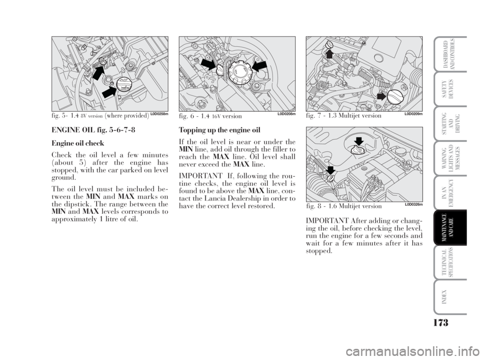 Lancia Musa 2009  Owner handbook (in English) 173
WARNING
LIGHTS AND
MESSAGES
TECHNICALSPECIFICATIONS
INDEX
DASHBOARD
AND CONTROLS
SAFETY
DEVICES
STARTING 
AND
DRIVING
IN AN
EMERGENCY
MAINTENANCE
AND CARE
fig. 5 - 1.4 8V version(where provided)L0