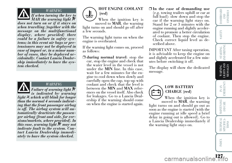 Lancia Musa 2012  Owner handbook (in English) 127
IN AN
EMERGENCY
MAINTENANCE
AND CARE
TECHNICAL
SPECIFICA-
TIONS
INDEX
DASHBOARD
AND
CONTROLS
SAFETY
STARTING
AND DRIVING
WARNING
LIGHTS AND
MESSAGES
If when turning the key to
MAR the warning ligh
