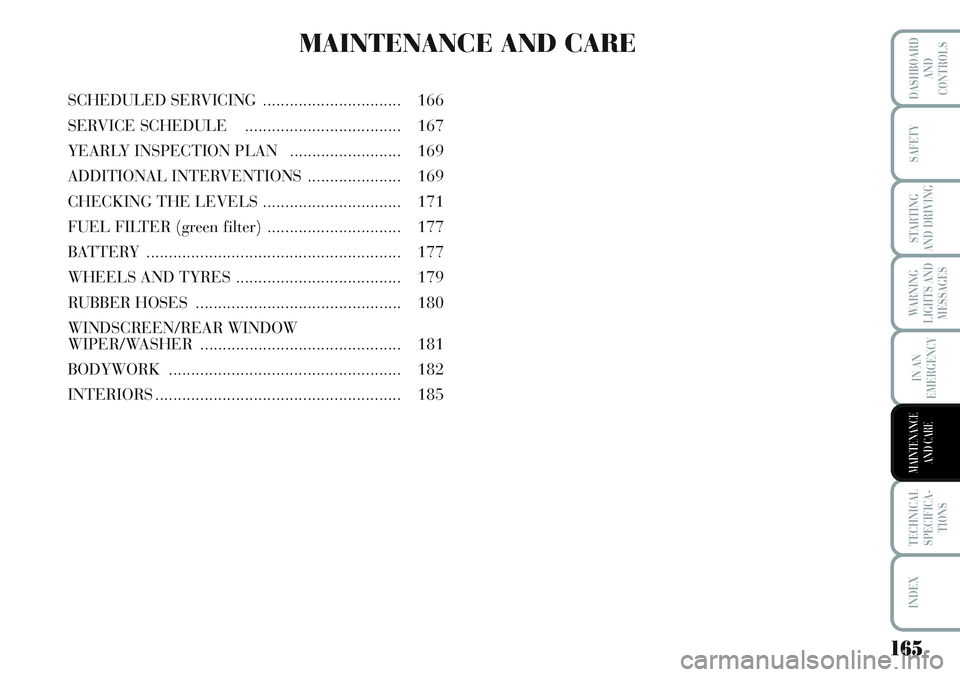 Lancia Musa 2011  Owner handbook (in English) 165
WARNING
LIGHTS AND
MESSAGES
TECHNICAL
SPECIFICA-
TIONS
INDEX
DASHBOARD
AND
CONTROLS
SAFETY
STARTING
AND DRIVING
IN AN
EMERGENCY
MAINTENANCE
AND CARE
MAINTENANCE AND CARE
SCHEDULED SERVICING.......