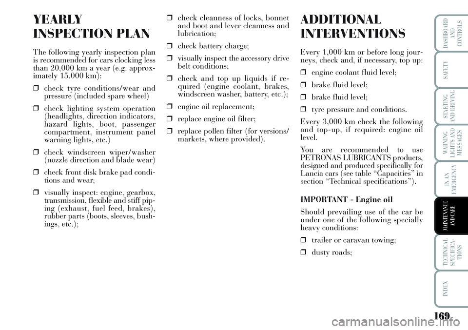 Lancia Musa 2011  Owner handbook (in English) 169
WARNING
LIGHTS AND
MESSAGES
TECHNICAL
SPECIFICA-
TIONS
INDEX
DASHBOARD
AND
CONTROLS
SAFETY
STARTING
AND DRIVING
IN AN
EMERGENCY
MAINTENANCE
AND CARE
YEARLY
INSPECTION PLAN 
The following yearly in