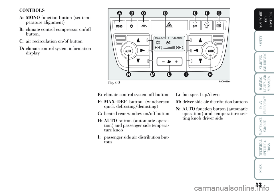 Lancia Musa 2011  Owner handbook (in English) 53
SAFETY
STARTING
AND DRIVING
WARNING
LIGHTS AND
MESSAGES
IN AN
EMERGENCY
MAINTENANCE
AND CARE
TECHNICAL
SPECIFICA-
TIONS
INDEX
DASHBOARD
AND
CONTROLS
CONTROLS
A: MONOfunction button (set tem-
peratu