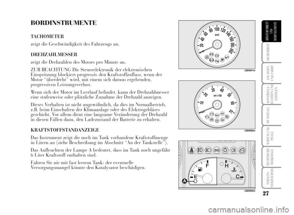 Lancia Musa 2007 Betriebsanleitung (in German) BORDINSTRUMENTE
TACHOMETER
zeigt die Geschwindigkeit des Fahrzeugs an.
DREHZAHLMESSER
zeigt die Drehzahlen des Motors pro Minute an.
ZUR BEACHTUNG Die Steuerelektronik der elektronischen
Einspritzung Lancia Musa 2007 Betriebsanleitung (in German) BORDINSTRUMENTE
TACHOMETER
zeigt die Geschwindigkeit des Fahrzeugs an.
DREHZAHLMESSER
zeigt die Drehzahlen des Motors pro Minute an.
ZUR BEACHTUNG Die Steuerelektronik der elektronischen
Einspritzung