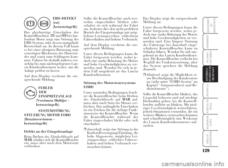 Lancia Musa 2008  Betriebsanleitung (in German) 129
IM NOTFALL
WARTUNG UND
PFLEGE
TECHNISCHE
DATEN
INHALTS-
VERZEICHNIS
ARMATURENBRETT
UND
BEDIENELEMENTE
SICHERHEIT
ANLASSEN
UND FAHREN
KONTROLLL-
EUCHTEN UND
MELDUNGEN
>
EBD-DEFEKT
(rot)
(bernsteing