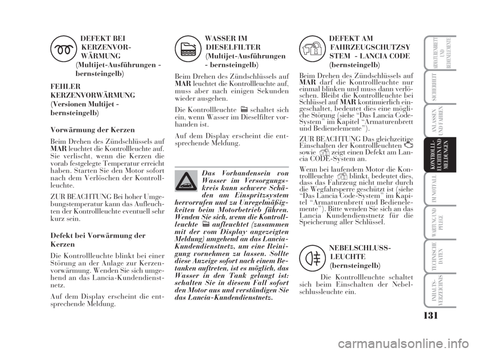 Lancia Musa 2008  Betriebsanleitung (in German) 131
IM NOTFALL
WARTUNG UND
PFLEGE
TECHNISCHE
DATEN
INHALTS-
VERZEICHNIS
ARMATURENBRETT
UND
BEDIENELEMENTE
SICHERHEIT
ANLASSEN
UND FAHREN
KONTROLLL-
EUCHTEN UND
MELDUNGEN
DEFEKT BEI
KERZENVOR-
WÄRMUNG