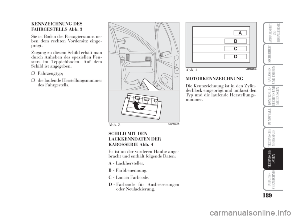 Lancia Musa 2008  Betriebsanleitung (in German) 189
KONTROLLL-
EUCHTEN UND
MELDUNGEN
INHALTS-
VERZEICHNIS
ARMATURENBRETT
UND
BEDIENELEMENTE
SICHERHEIT
ANLASSEN
UND FAHREN
IM NOTFALL
TECHNISCHE
MERKMALE
TECHNISCHE
DATEN
KENNZEICHNUNG DES
FAHRGESTELL