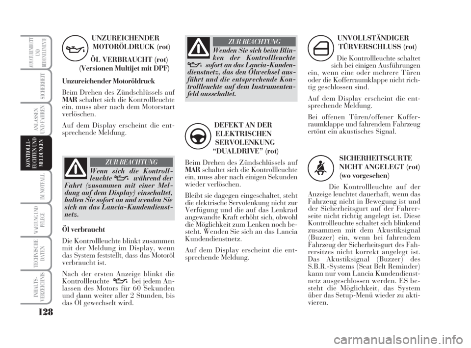 Lancia Musa 2009  Betriebsanleitung (in German) 128
IM NOTFALL
WARTUNG UND
PFLEGE
TECHNISCHE
DATEN
INHALTS-
VERZEICHNIS
ARMATURENBRETT
UND
BEDIENELEMENTE
SICHERHEIT
ANLASSEN
UND FAHREN
KONTROLLL-
EUCHTEN UND
MELDUNGEN
UNZUREICHENDER
MOTORÖLDRUCK (