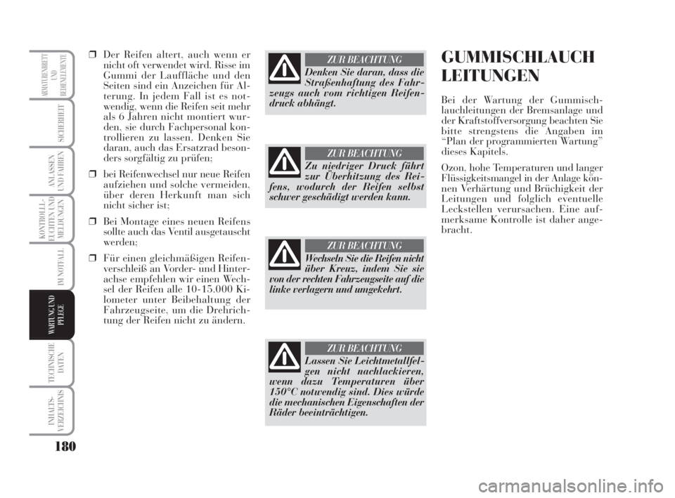 Lancia Musa 2009  Betriebsanleitung (in German) 180
KONTROLLL-
EUCHTEN UND
MELDUNGEN
TECHNISCHE
DATEN
INHALTS-
VERZEICHNIS
ARMATURENBRETT
UND
BEDIENELEMENTE
SICHERHEIT
ANLASSEN
UND FAHREN
IM NOTFALL
WARTUNG UND
PFLEGE
❒Der Reifen altert, auch wen