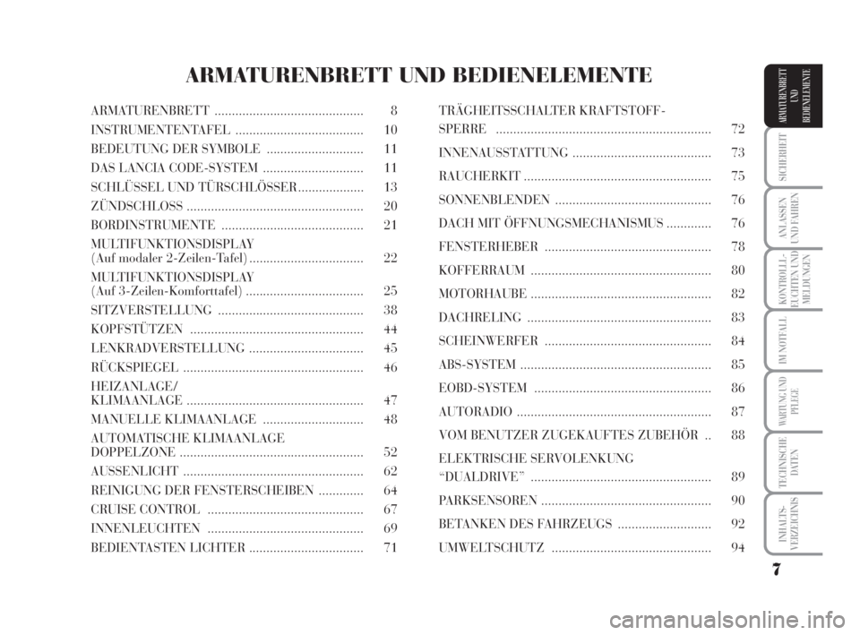 Lancia Musa 2009  Betriebsanleitung (in German) 7
SICHERHEIT
ANLASSEN
UND FAHREN
KONTROLLL-
EUCHTEN UND
MELDUNGEN
IM NOTFALL
WARTUNG UND
PFLEGE
TECHNISCHE
DATEN
INHALTS-
VERZEICHNIS
ARMATURENBRETT
UND
BEDIENELEMENTEARMATURENBRETT ..................