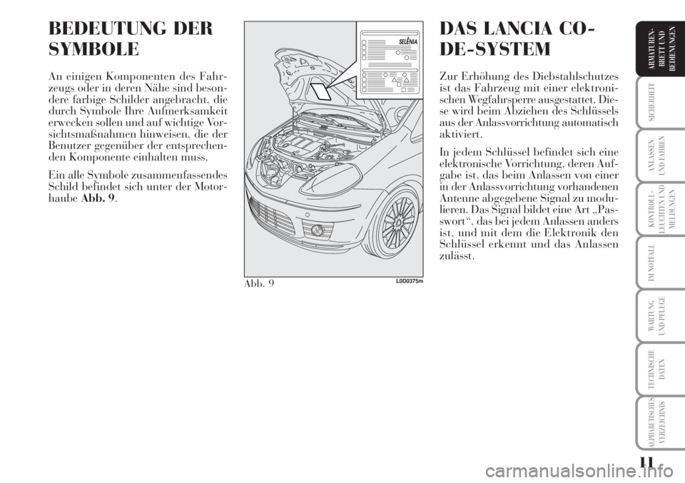 Lancia Musa 2010  Betriebsanleitung (in German) 11
KONTROLL-
LEUCHTEN UND
MELDUNGEN
SICHERHEIT
ANLASSEN
UND FAHREN
IM NOTFALL
WARTUNG 
UND PFLEGE
TECHNISCHE
DATEN
ALPHABETISCHESVERZEICHNIS
ARMATUREN -
BRETT UND
BEDIENUNGEN
BEDEUTUNG DER
SYMBOLE
An 