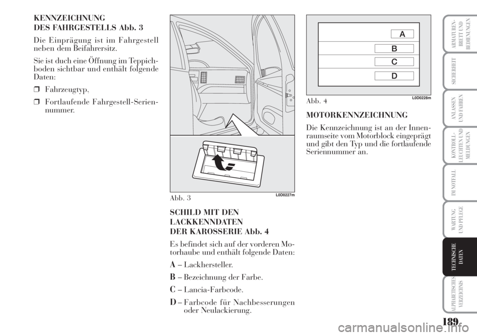 Lancia Musa 2010  Betriebsanleitung (in German) 189
KONTROLL-
LEUCHTEN UND
MELDUNGEN
ARMATUREN -
BRETT UND
BEDIENUNGEN
SICHERHEIT
ANLASSEN
UND FAHREN
IM NOTFALL
WARTUNG 
UND PFLEGE
ALPHABETISCHES
VERZEICHNIS
TECHNISCHE
DATEN
KENNZEICHNUNG
DES FAHRG