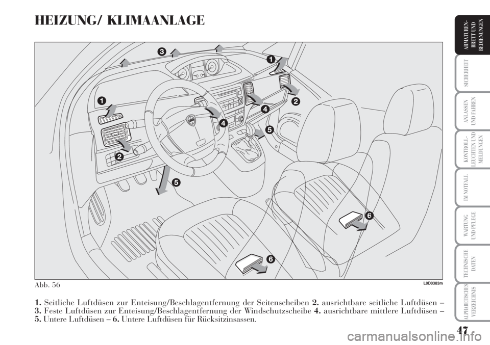 Lancia Musa 2010  Betriebsanleitung (in German) 47
KONTROLL-
LEUCHTEN UND
MELDUNGEN
SICHERHEIT
ANLASSEN
UND FAHREN
IM NOTFALL
WARTUNG 
UND PFLEGE
TECHNISCHE
DATEN
ALPHABETISCHESVERZEICHNIS
ARMATUREN -
BRETT UND
BEDIENUNGEN
HEIZUNG/ KLIMAANLAGE 
Abb