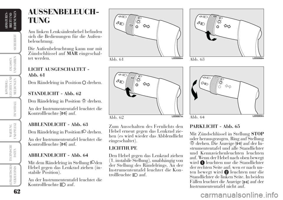 Lancia Musa 2010  Betriebsanleitung (in German) 62
KONTROLL-
LEUCHTEN UND
MELDUNGEN
SICHERHEIT
ANLASSEN
UND FAHREN
IM NOTFALL
WARTUNG 
UND PFLEGE
TECHNISCHE
DATEN
ALPHABETISCHESVERZEICHNIS
ARMATUREN -
BRETT UND
BEDIENUNGEN
PARKLICHT - Abb. 65
Mit Z