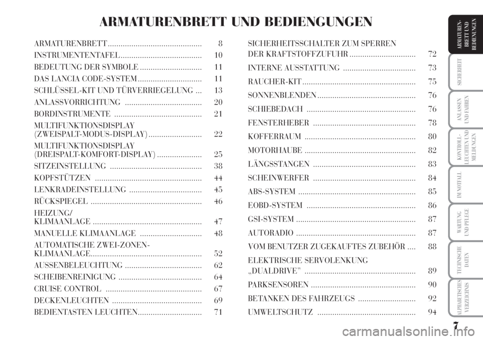 Lancia Musa 2010  Betriebsanleitung (in German) 7
KONTROLL-
LEUCHTEN UND
MELDUNGEN
SICHERHEIT
ANLASSEN
UND FAHREN
IM NOTFALL
WARTUNG 
UND PFLEGE
TECHNISCHE
DATEN
ALPHABETISCHESVERZEICHNIS
ARMATUREN -
BRETT UND
BEDIENUNGENARMATURENBRETT ............