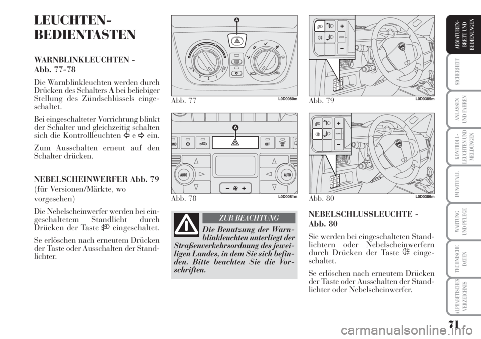 Lancia Musa 2010  Betriebsanleitung (in German) 71
KONTROLL-
LEUCHTEN UND
MELDUNGEN
SICHERHEIT
ANLASSEN
UND FAHREN
IM NOTFALL
WARTUNG 
UND PFLEGE
TECHNISCHE
DATEN
ALPHABETISCHESVERZEICHNIS
ARMATUREN -
BRETT UND
BEDIENUNGEN
LEUCHTEN-
BEDIENTASTEN
WA