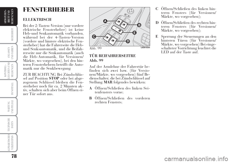 Lancia Musa 2010  Betriebsanleitung (in German) 78
KONTROLL-
LEUCHTEN UND
MELDUNGEN
SICHERHEIT
ANLASSEN
UND FAHREN
IM NOTFALL
WARTUNG 
UND PFLEGE
TECHNISCHE
DATEN
ALPHABETISCHESVERZEICHNIS
ARMATUREN -
BRETT UND
BEDIENUNGEN
TÜR BEIFAHRERSEITRE 
Abb
