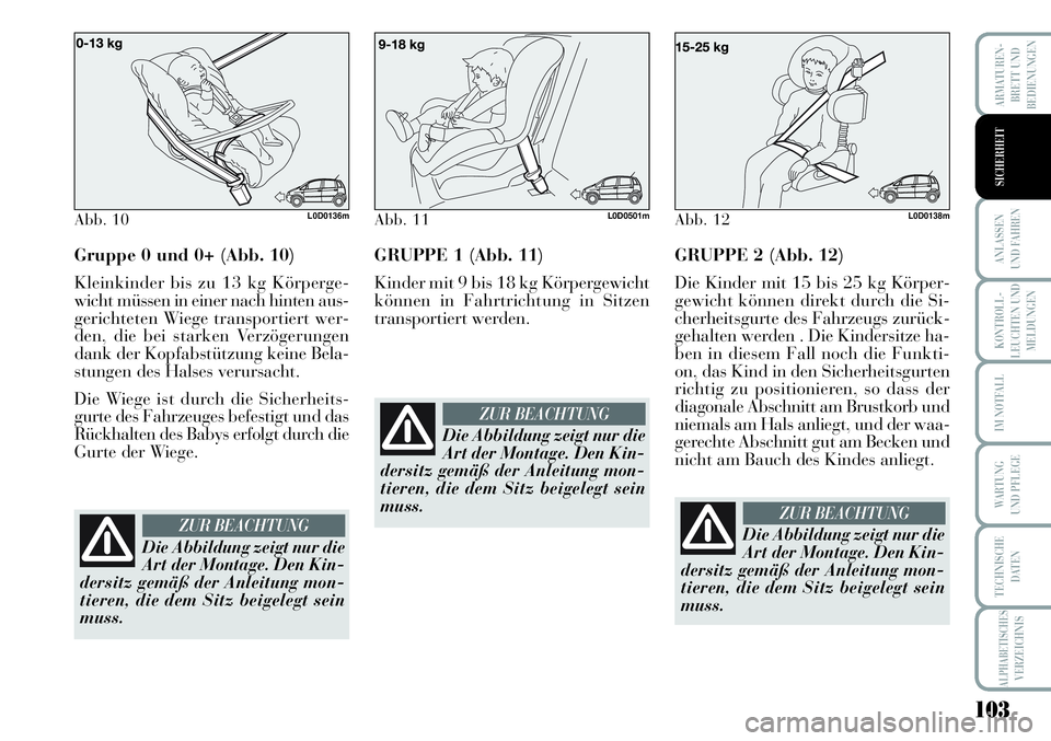 Lancia Musa 2011  Betriebsanleitung (in German) 103
KONTROLL-
LEUCHTEN UND
MELDUNGEN
ARMATUREN -
BRETT UND
BEDIENUNGEN
ANLASSEN
UND FAHREN
IM NOTFALL
WARTUNG 
UND PFLEGE
TECHNISCHE
DATEN
ALPHABETISCHESVERZEICHNIS
SICHERHEIT
Gruppe 0 und 0+ (Abb. 10