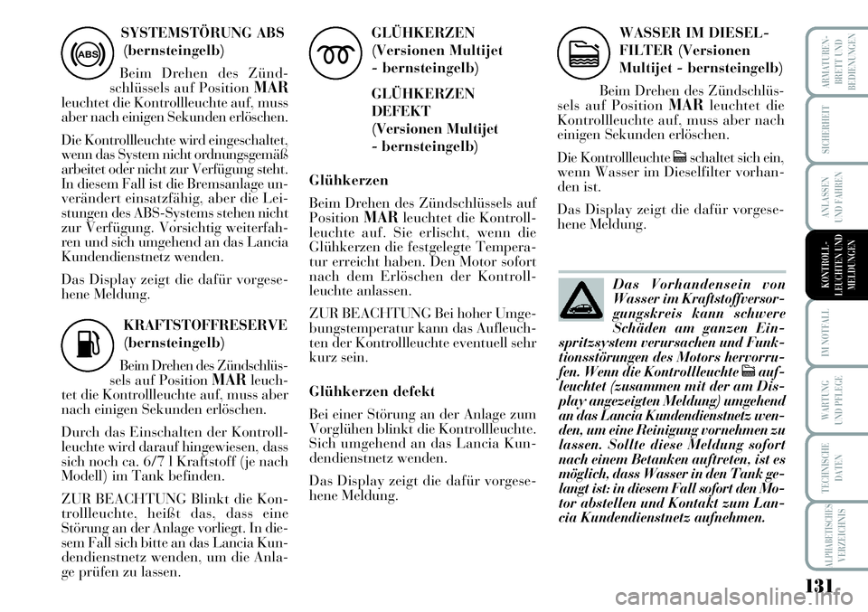 Lancia Musa 2011  Betriebsanleitung (in German) 131
ARMATUREN-
BRETT UND
BEDIENUNGEN
SICHERHEIT
ANLASSEN
UND FAHREN
IM NOTFALL
WARTUNG
UND PFLEGE
TECHNISCHE
DATEN
ALPHABETISCHESVERZEICHNIS
SYSTEMSTÖRUNG ABS
(bernsteingelb)
Beim Drehen des Zünd-
s