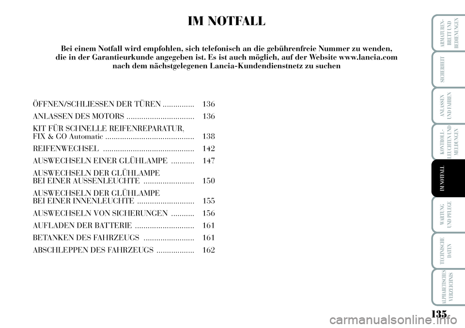 Lancia Musa 2011  Betriebsanleitung (in German) 135
KONTROLL-
LEUCHTEN UND
MELDUNGEN
ARMATUREN -
BRETT UND
BEDIENUNGEN
SICHERHEIT
ANLASSEN
UND FAHREN
WARTUNG 
UND PFLEGE
TECHNISCHE
DATEN
ALPHABETISCHESVERZEICHNIS
IM NOTFALL
IM NOTFALL
ÖFFNEN/SCHLI