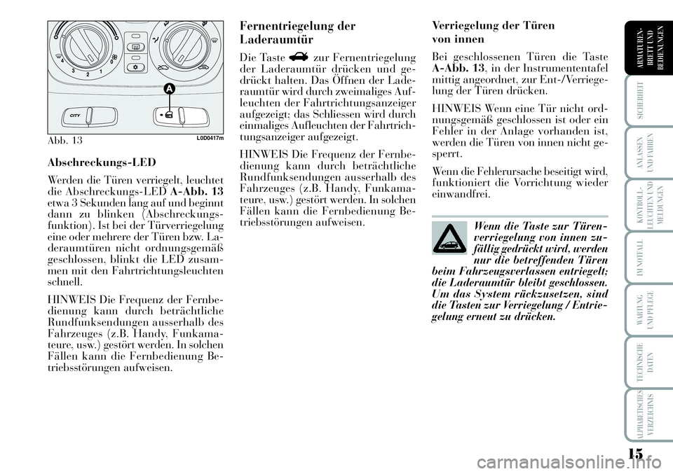 Lancia Musa 2011  Betriebsanleitung (in German) 15
KONTROLL-
LEUCHTEN UND
MELDUNGEN
SICHERHEIT
ANLASSEN
UND FAHREN
IM NOTFALL
WARTUNG 
UND PFLEGE
TECHNISCHE
DATEN
ALPHABETISCHESVERZEICHNIS
ARMATUREN -
BRETT UND
BEDIENUNGEN
Abschreckungs-LED
Werden 