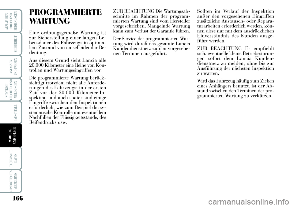 Lancia Musa 2011 Betriebsanleitung (in German) 166
KONTROLL-
LEUCHTEN UND
MELDUNGEN
ARMATUREN -
BRETT UND
BEDIENUNGEN
SICHERHEIT
ANLASSEN
UND FAHREN
IM NOTFALL
TECHNISCHE
DATEN
ALPHABETISCHESVERZEICHNIS
WARTUNG
UND PFLEGE
PROGRAMMIERTE
WARTUNG
Ei Lancia Musa 2011 Betriebsanleitung (in German) 166
KONTROLL-
LEUCHTEN UND
MELDUNGEN
ARMATUREN -
BRETT UND
BEDIENUNGEN
SICHERHEIT
ANLASSEN
UND FAHREN
IM NOTFALL
TECHNISCHE
DATEN
ALPHABETISCHESVERZEICHNIS
WARTUNG
UND PFLEGE
PROGRAMMIERTE
WARTUNG
Ei