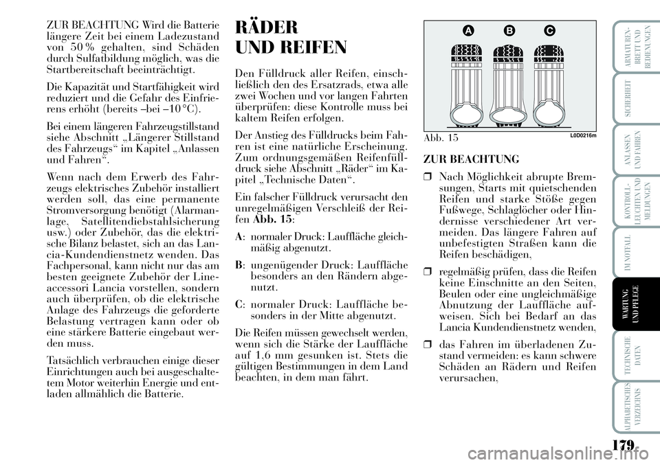 Lancia Musa 2011  Betriebsanleitung (in German) 179
KONTROLL-
LEUCHTEN UND
MELDUNGEN
ARMATUREN -
BRETT UND
BEDIENUNGEN
SICHERHEIT
ANLASSEN
UND FAHREN
IM NOTFALL
TECHNISCHE
DATEN
ALPHABETISCHES
VERZEICHNIS
WARTUNG 
UND PFLEGE
ZUR BEACHTUNG Wird die 