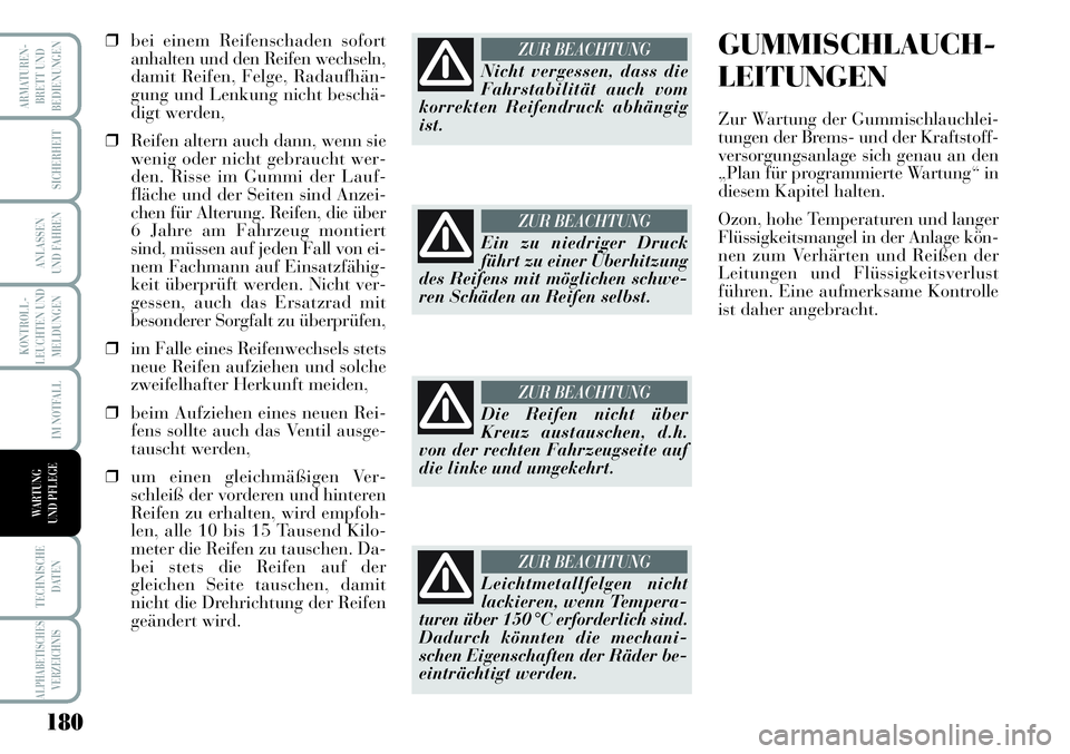Lancia Musa 2011 Betriebsanleitung (in German) 180
KONTROLL-
LEUCHTEN UND
MELDUNGEN
ARMATUREN -
BRETT UND
BEDIENUNGEN
SICHERHEIT
ANLASSEN
UND FAHREN
IM NOTFALL
TECHNISCHE
DATEN
ALPHABETISCHESVERZEICHNIS
WARTUNG
UND PFLEGE
❒bei einem Reifenschad Lancia Musa 2011 Betriebsanleitung (in German) 180
KONTROLL-
LEUCHTEN UND
MELDUNGEN
ARMATUREN -
BRETT UND
BEDIENUNGEN
SICHERHEIT
ANLASSEN
UND FAHREN
IM NOTFALL
TECHNISCHE
DATEN
ALPHABETISCHESVERZEICHNIS
WARTUNG
UND PFLEGE
❒bei einem Reifenschad