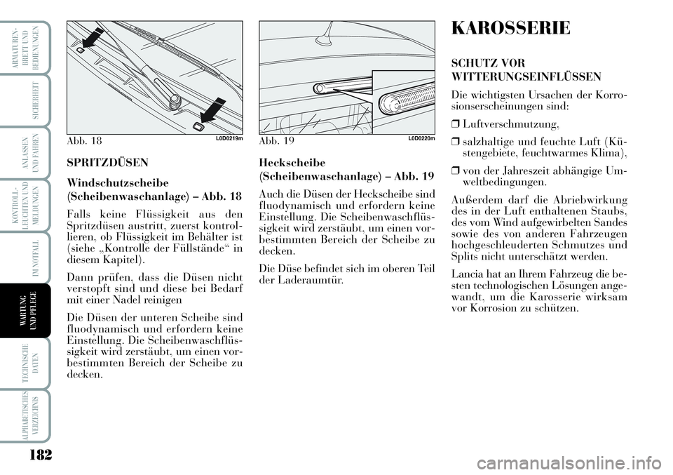 Lancia Musa 2011  Betriebsanleitung (in German) 182
KONTROLL-
LEUCHTEN UND
MELDUNGEN
ARMATUREN -
BRETT UND
BEDIENUNGEN
SICHERHEIT
ANLASSEN
UND FAHREN
IM NOTFALL
TECHNISCHE
DATEN
ALPHABETISCHESVERZEICHNIS
WARTUNG 
UND PFLEGE
SPRITZDÜSEN
Windschutzs