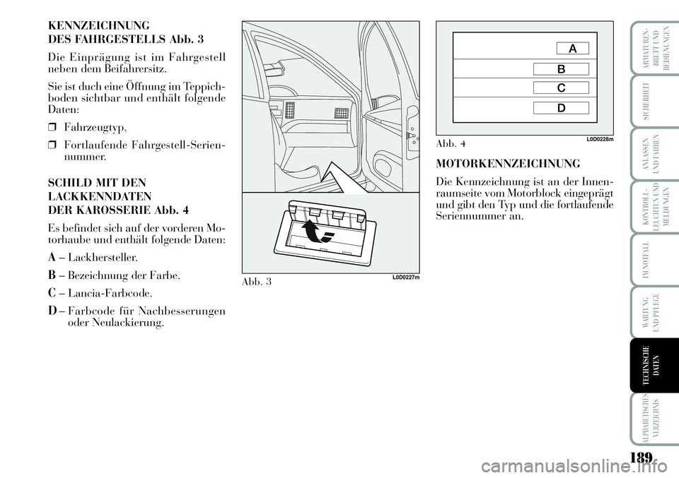 Lancia Musa 2011  Betriebsanleitung (in German) 189
KONTROLL-
LEUCHTEN UND
MELDUNGEN
ARMATUREN -
BRETT UND
BEDIENUNGEN
SICHERHEIT
ANLASSEN
UND FAHREN
IM NOTFALL
WARTUNG 
UND PFLEGE
ALPHABETISCHES
VERZEICHNIS
TECHNISCHE
DATEN
KENNZEICHNUNG
DES FAHRG