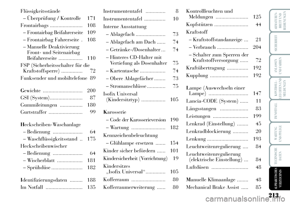 Lancia Musa 2011  Betriebsanleitung (in German) 213
KONTROLL-
LEUCHTEN UND
MELDUNGEN
ARMATUREN-
BRETT UND
BEDIENUNGEN
SICHERHEIT
ANLASSEN
UND FAHREN
IM NOTFALL
WARTUNG
UND PFLEGE
TECHNISCHE
DATEN
ALPHABETISCHESVERZEICHNIS
Flüssigkeitsstände
– 