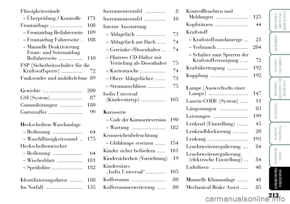 Lancia Musa 2011  Betriebsanleitung (in German) 213
KONTROLL-
LEUCHTEN UND
MELDUNGEN
ARMATUREN-
BRETT UND
BEDIENUNGEN
SICHERHEIT
ANLASSEN
UND FAHREN
IM NOTFALL
WARTUNG
UND PFLEGE
TECHNISCHE
DATEN
ALPHABETISCHESVERZEICHNIS
Flüssigkeitsstände
– �