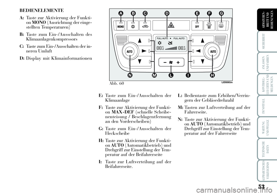 Lancia Musa 2011  Betriebsanleitung (in German) 53
KONTROLL-
LEUCHTEN UND
MELDUNGEN
SICHERHEIT
ANLASSEN
UND FAHREN
IM NOTFALL
WARTUNG 
UND PFLEGE
TECHNISCHE
DATEN
ALPHABETISCHESVERZEICHNIS
ARMATUREN -
BRETT UND
BEDIENUNGEN
BEDIENELEMENTE
A:Taste zu